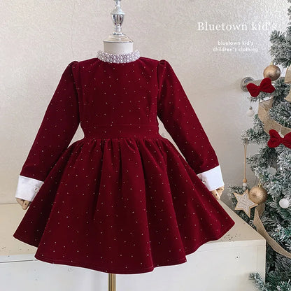 Vestido de Terciopelo Brillante para Niñas, Edición Primavera Otoño Invierno 2026, Vestido de Princesa con Cuello de Perlas