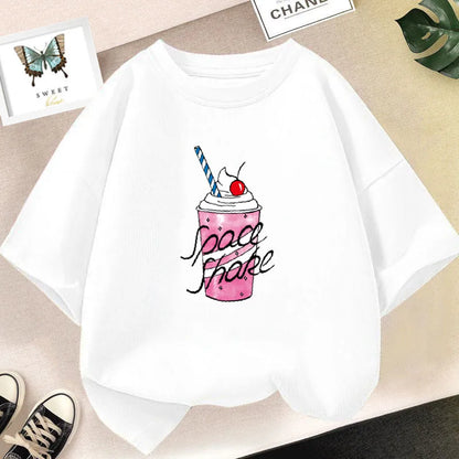 Camiseta bonita de dibujos animados de batido de leche de fresa para niñas, camisetas rosas con gráfico de manga corta para niños