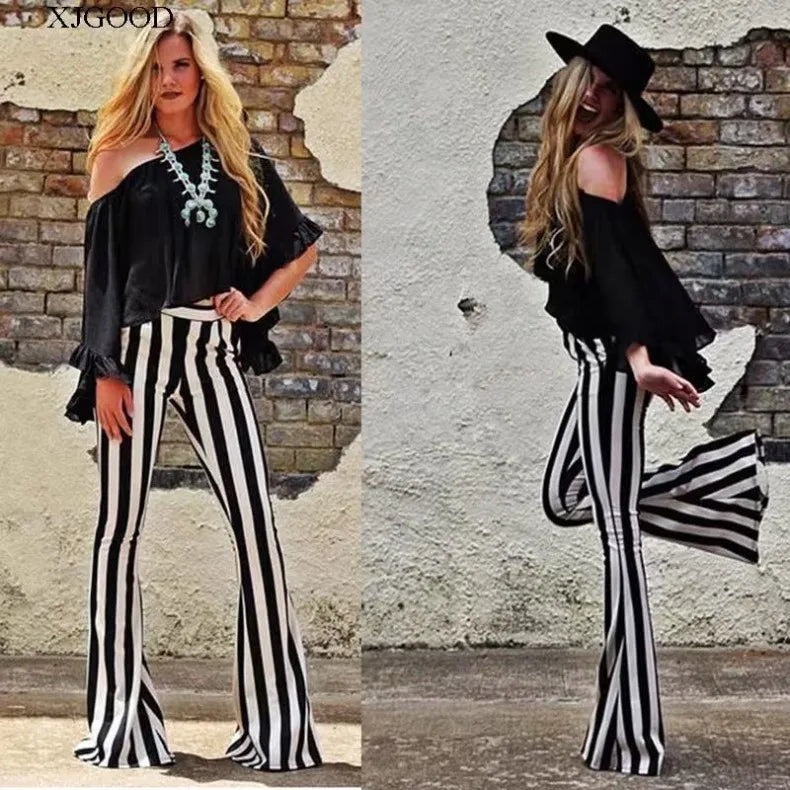 Pantalones Casuales a Rayas Blancas y Negras, Pantalones de Campana para Mujer, Moda de Verano, Ropa Casual para Mujer, Otro ...