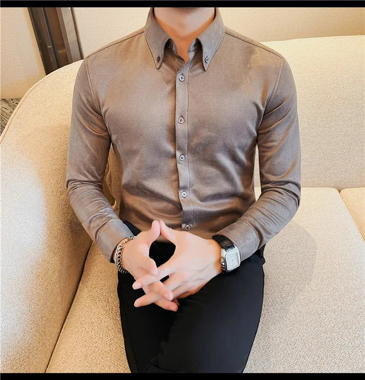 Camisa de ante de alta calidad para hombre, camisas de negocios informales de manga larga para otoño e invierno, blusa de esmoquin para fiesta Social, ropa para hombre 2023