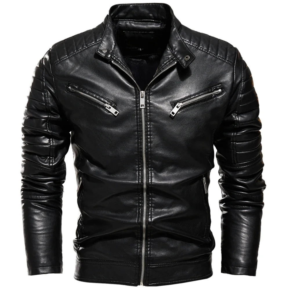 Chaqueta de cuero negro de invierno 2025 para hombre, chaqueta cálida con forro de piel para motocicleta, abrigo de motociclista negro ajustado a la moda urbana, diseño plisado con cremallera