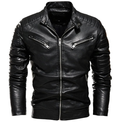 Chaqueta de cuero negro de invierno 2025 para hombre, chaqueta cálida con forro de piel para motocicleta, abrigo de motociclista negro ajustado a la moda urbana, diseño plisado con cremallera