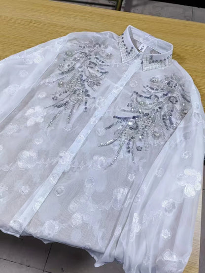 Blusas blancas De gran tamaño con perlas y lentejuelas De diamantes De lujo para Mujer, Tops con mangas acampanadas para primavera y verano 2025, Camisas De Mujer