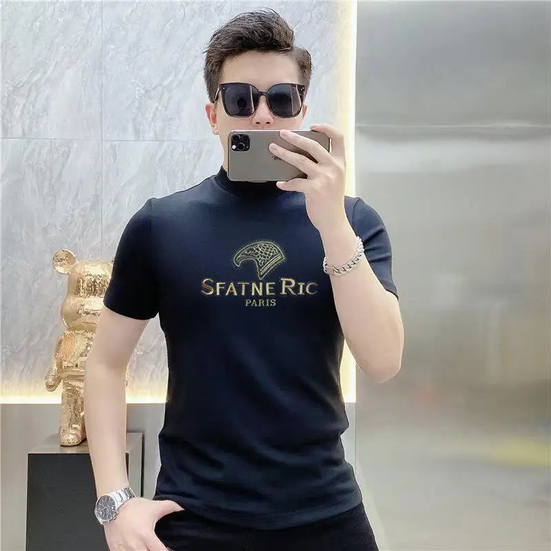 Camiseta de lujo con diamantes de imitación para hombre, camiseta informal ajustada de manga corta con cuello redondo, camiseta Social de negocios, ropa para hombre