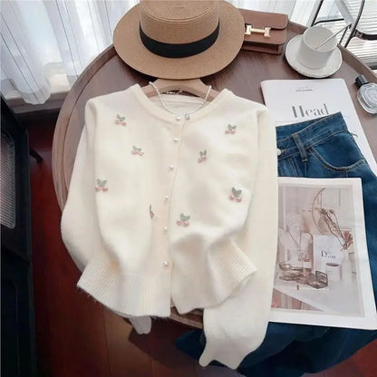 Cárdigan de punto suave y dulce para mujer, cuello redondo, versátil, estilo coreano, suéter de manga larga, abrigo, moda de ...