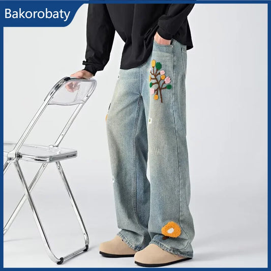Pantalones Vaqueros Anchos con Bordado Floral para Hombre, Estilo Urbano, Moda Urbana, Color Azul, Primavera 2026, Estilo Y2K, Corte Recto