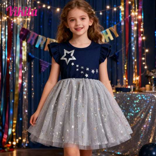 VIKITA, vestido de princesa con tutú de tul de malla para niñas, estampado de estrellas plateadas, manga acampanada, vestidos de fiesta brillantes y estrellados brillantes de 7 años