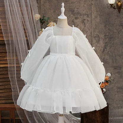 Vestido de Cumpleaños para Niñas, Disfraz de Dama de Honor, Vestido de Princesa de Tul Blanco de Manga Larga, Traje de Gala para Niñas