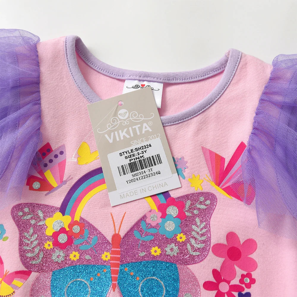 VIKITA-vestido de verano con estampado de flores y mariposas para niñas, vestidos de princesa coloridos de color rosa para fiesta, vacaciones, uso diario, ropa para niños