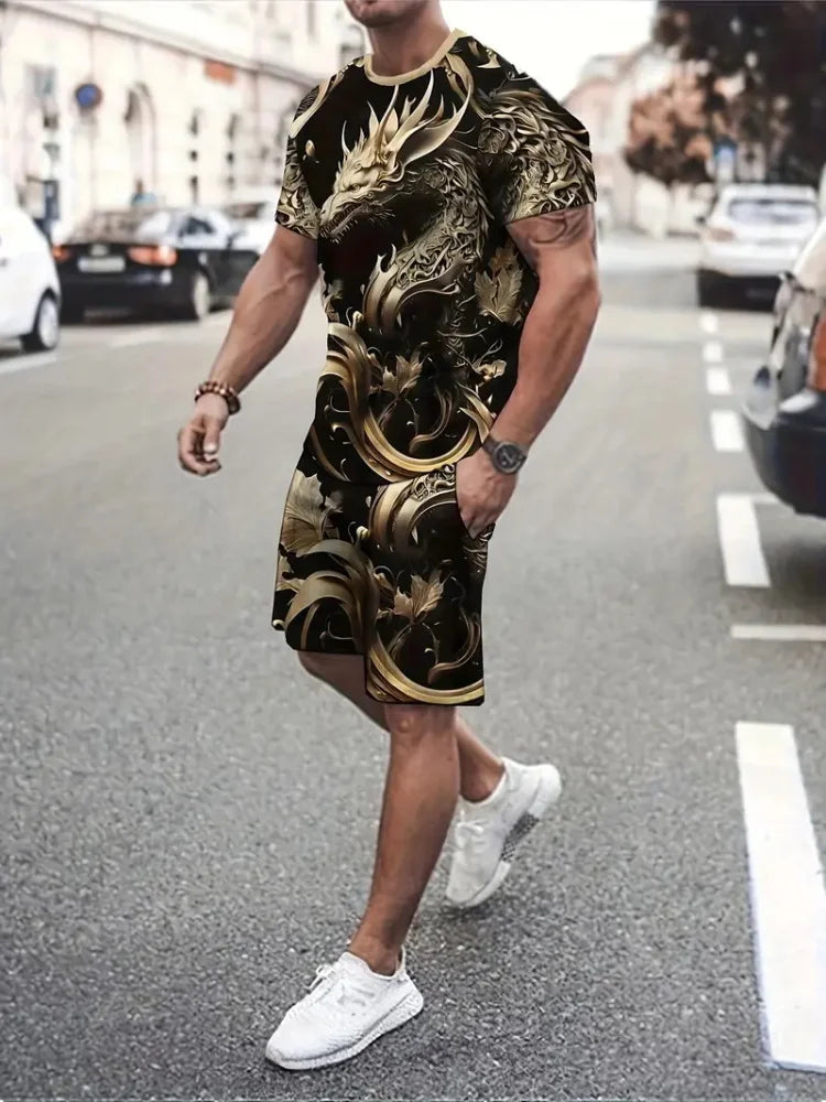 Sencillo de mármol con estampado en 3D, Top y Shorts de cuello redondo para hombres, moda urbana, traje informal de día a día para hombres