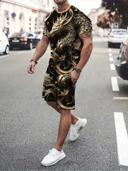 Sencillo de mármol con estampado en 3D, Top y Shorts de cuello redondo para hombres, moda urbana, traje informal de día a día para hombres