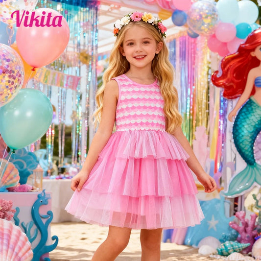 Vestido Rosa sin Mangas con Escamas de Sirena para Niñas VIKITA, Vestido de Tul con Capas para Niñas Pequeñas, Vestido Informal de Poliéster para Fiestas en la Playa