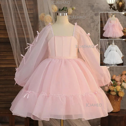 Vestido de Cumpleaños para Niñas, Disfraz de Dama de Honor, Vestido de Princesa de Tul Blanco de Manga Larga, Traje de Gala para Niñas