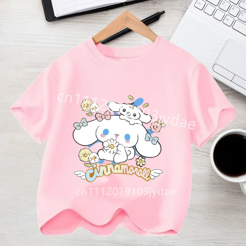 Camiseta de Manga Corta para Niños, Estilo Urbano, Verano 2026, Ropa Casual, Regalo Kawaii, Linda Camiseta de Cinnamoroll para Niña, Camiseta de Algodón con Estampado de Anime