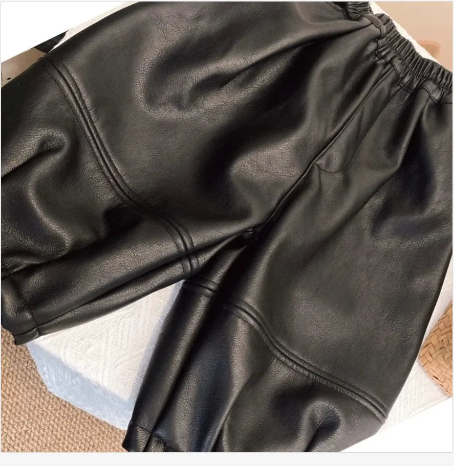 Children's Winter Leather Pants New Style for Boys and Girls with Velvet Thickened Warm Loose Pants