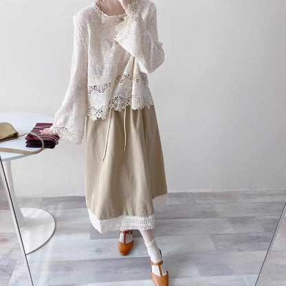 Blusas de algodón de primavera para mujer, camisas elegantes de manga larga caladas con encaje de ganchillo