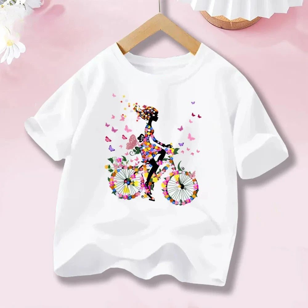Camiseta de algodón de manga corta con estampado personalizado de mariposa y bicicleta para niña, moda de verano para niños