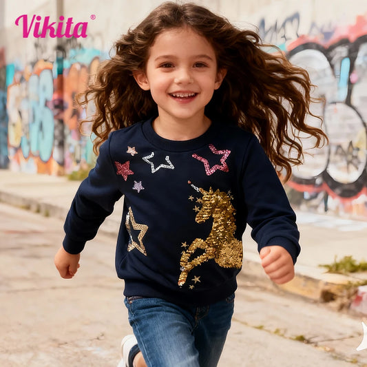 Sudadera de algodón para niñas pequeñas con unicornio de lentejuelas doradas, trajes con apliques de estrellas brillantes, ropa informal fresca de calle diaria para niños