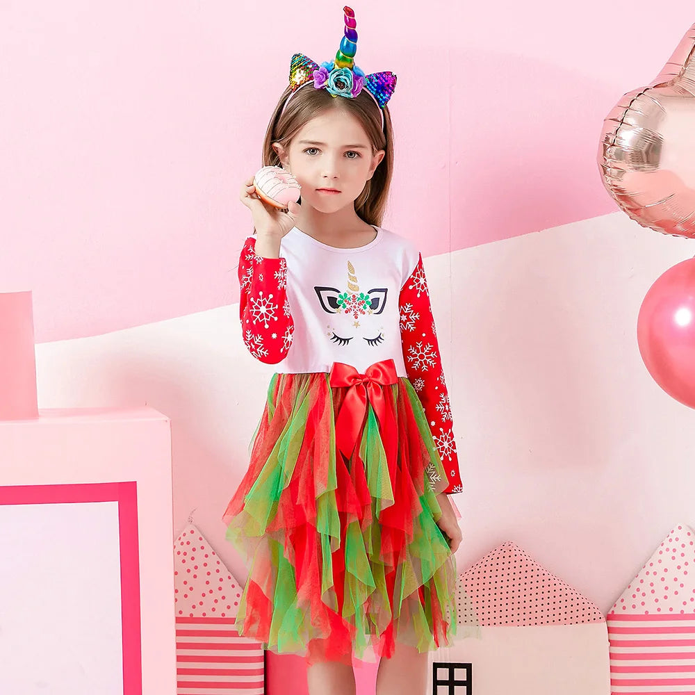 VIKITA Vestido navideño de unicornio para niñas, vestido tutú con estampado de copos de nieve de manga larga para niños con falda de tul escalonada roja y verde para Navidad