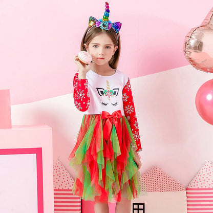 VIKITA Vestido navideño de unicornio para niñas, vestido tutú con estampado de copos de nieve de manga larga para niños con falda de tul escalonada roja y verde para Navidad