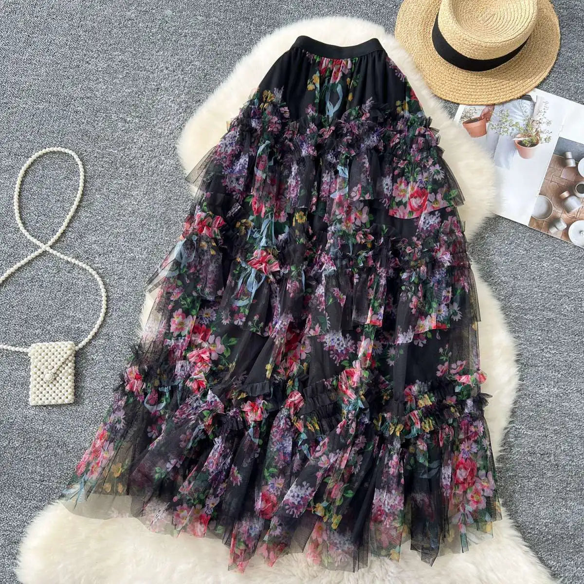 Falda Midi de Malla con Estampado Floral de Cintura Alta Estilo Coreano para Mujer, Falda Hada Abullonada de Fibra de Poliést...