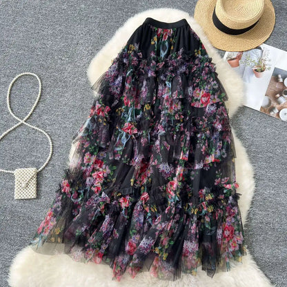Falda Midi de Malla con Estampado Floral de Cintura Alta Estilo Coreano para Mujer, Falda Hada Abullonada de Fibra de Poliést...