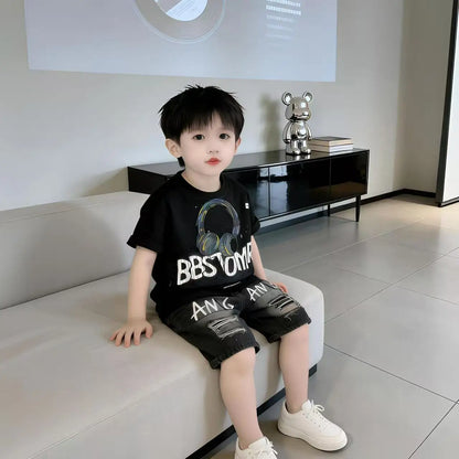 Conjunto de Verano para Niños 2026, Camiseta de Algodón con Estampado de Dibujos Animados y Letras + Pantalones Cortos de Mezclilla, Ropa Infantil