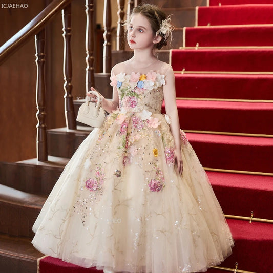Vestido de fiesta de estilo francés para niñas con flores para el pequeño presentador Piano Recital flor niña boda niños vestido de desfile vestidos