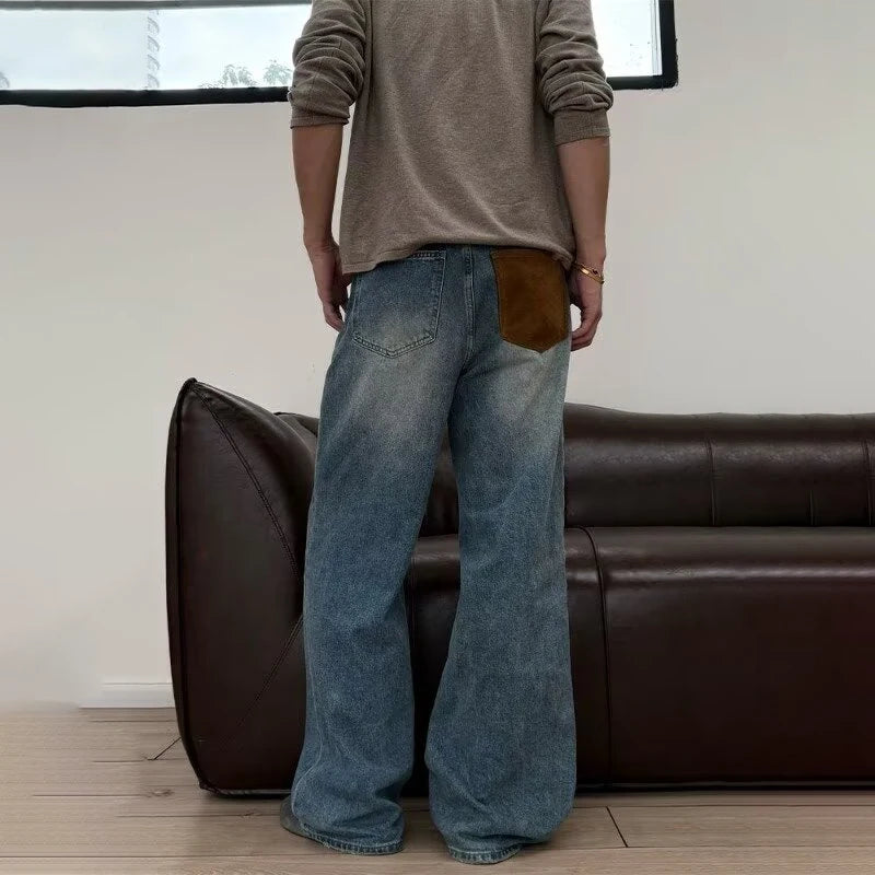 Jeans de pierna recta con parches azules vintage de verano 2026 para hombre, pantalones vaqueros casuales americanos con bolsillos marrones, estilo Y2K, streetwear