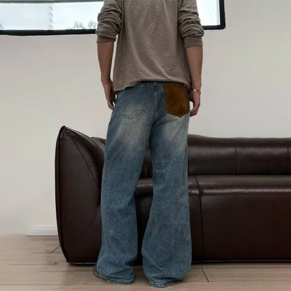 Jeans de pierna recta con parches azules vintage de verano 2026 para hombre, pantalones vaqueros casuales americanos con bolsillos marrones, estilo Y2K, streetwear