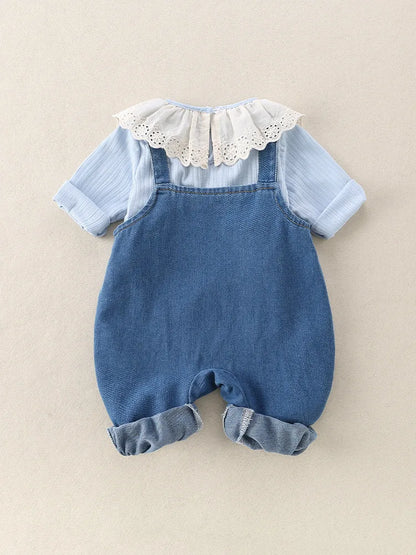 Conjunto de 2 piezas de lujo coreano para niña, conjunto de camiseta y camiseta a la moda con cuello de encaje, pelele elegante de Estilo Princesa, traje de otoño
