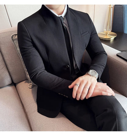 Chaqueta de traje con cuello levantado de alta calidad para hombre, chaquetas de negocios informales, abrigo coreano con gofres para boda, novio, banquete, vestido de fiesta, 2025