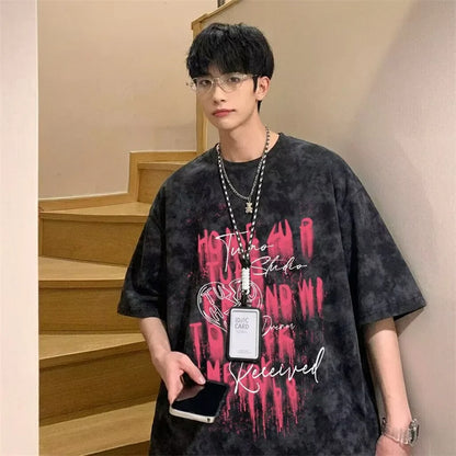 Camisetas de Verano 2026 para Hombre con Estampado Tie-Dye y Gráficos de Graffiti, Camisetas Oversize Juveniles con Estampado de Letras, Tops de Moda Urbana con Contraste de Color
