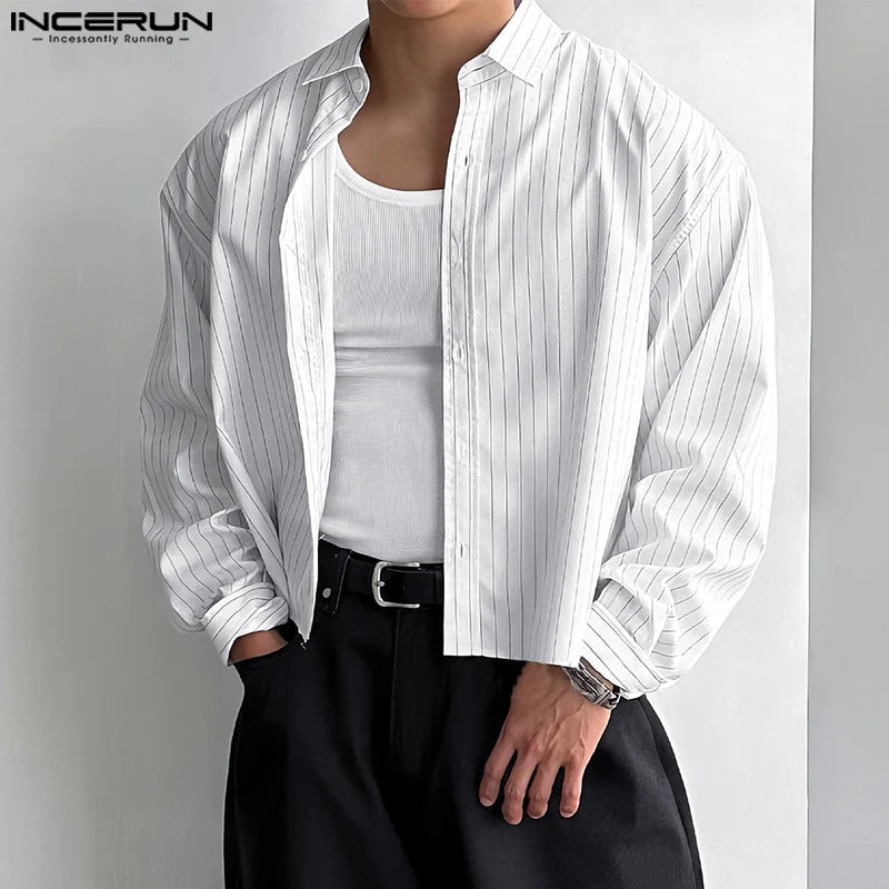 Casual Simple Style Tops INCERUN New Men's Striped Cropped Shirt Fashion Well Fitting Male Hot Selling Long Sleeved Blouse S-5XL