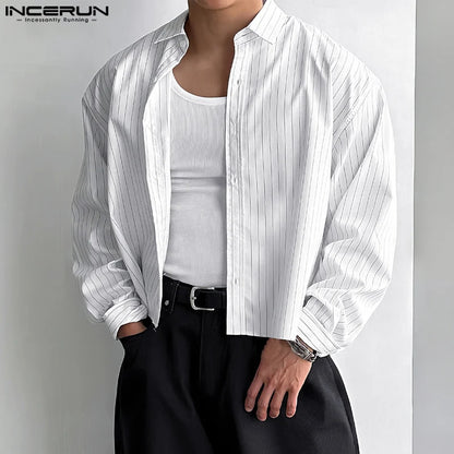 Casual Simple Style Tops INCERUN New Men's Striped Cropped Shirt Fashion Well Fitting Male Hot Selling Long Sleeved Blouse S-5XL