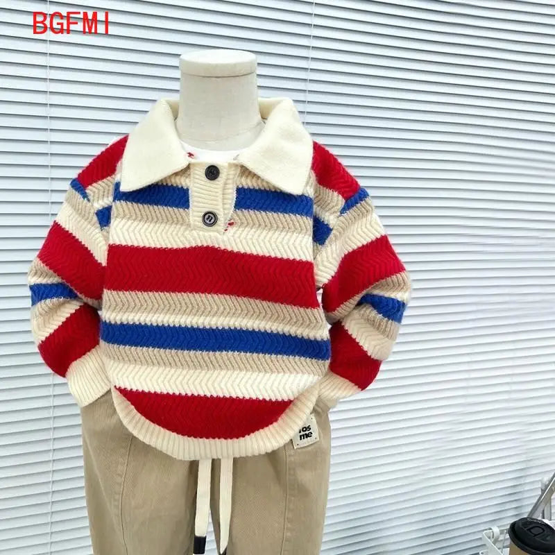 Nuevo suéter para niños, suéter de punto a rayas gruesas, jersey de otoño e invierno para niños, Top informal para niños, abrigo con cuello POLO para bebés y niños pequeños
