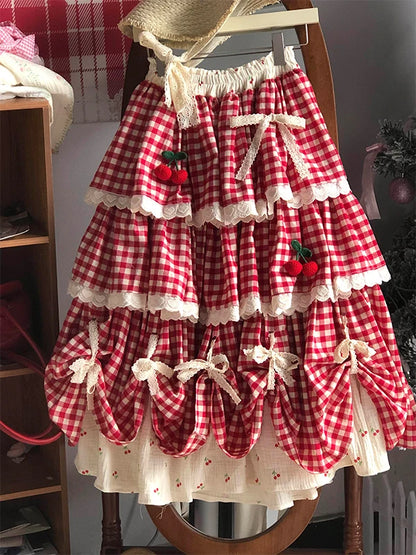 Falda de cintura alta con patchwork de cerezas, estilo A, para mujer, nueva colección primavera-otoño-invierno, dulce falda d...