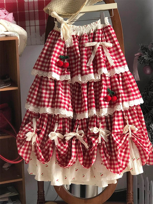Falda de cintura alta con patchwork de cerezas, estilo A, para mujer, nueva colección primavera-otoño-invierno, dulce falda d...