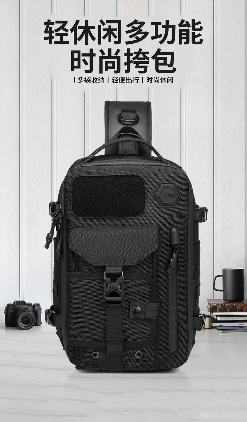 OZUKO-Bolso cruzado de hombro para hombre, bolsa de pecho, impermeable, táctico, cintura, bandolera, cremallera, moda, deportes al aire libre, negro