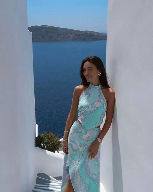 Conjunto de Playa con Estampado Irregular Azul para Mujer, Top Corto Halter sin Espalda y Falda Larga, Conjunto a Juego para Verano, Vacaciones 2026