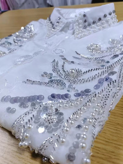 Blusas blancas De gran tamaño con perlas y lentejuelas De diamantes De lujo para Mujer, Tops con mangas acampanadas para primavera y verano 2025, Camisas De Mujer