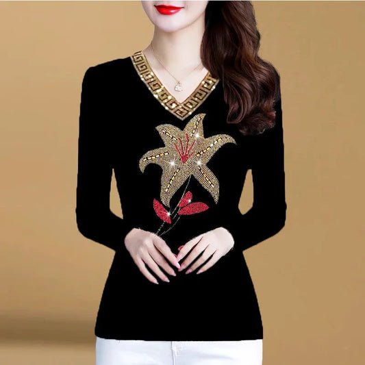 Blusa Elegante para Mujer | Escote en V, Manga Larga y Estampado Vintage