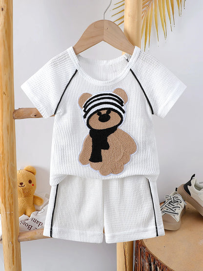 Conjunto de 2 piezas de camiseta y pantalones cortos de manga corta con estampado de oso bebé unisex de nuevo estilo de verano infantil