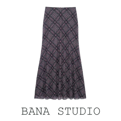 Falda Midi de Tul a Cuadros Estilo Británico BANA, Falda Ajustada de Cintura Alta para Mujer, Primavera Verano, Estilo OL, Fa...