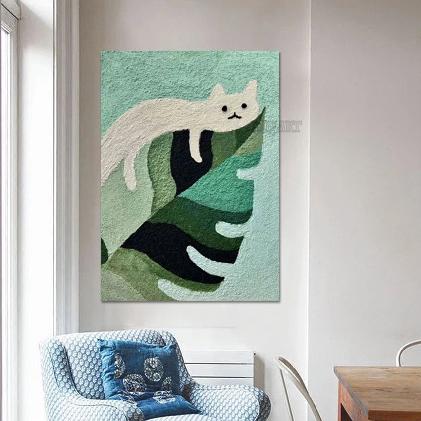 Póster en lienzo de gato de dibujos animados, decoración del hogar, textura abstracta pintada a mano, pintura al óleo, arte de pared, grandes escaparates + paquete Switch In Art completo