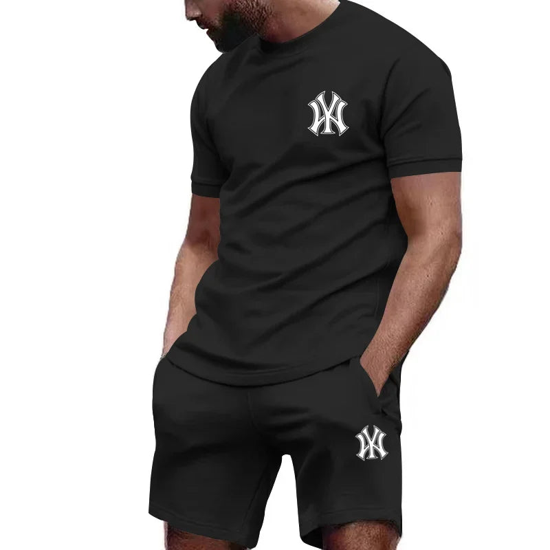 Nueva ropa deportiva de dos piezas para hombre, conjunto de camiseta y pantalones de manga corta, ropa deportiva para correr y fitness, superventas, 2025, verano