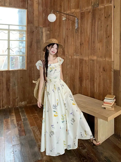 Vestido largo con estampado floral de verano, cuello cuadrado, manga acampanada, para vacaciones en la playa, estilo francés,...