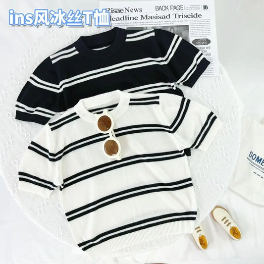 Camisa de punto de seda de hielo elástica de manga corta para niños de 1 a 7T, camiseta fina de verano para bebés, Top para niños y niñas, Top a rayas versátil Unisex
