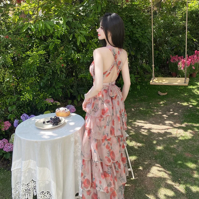 Vestido Largo Bohemio sin Espalda para Mujer, Falda de Playa Estilo Hada, Atuendo Turístico de Verano, Vestido Estampado de C...