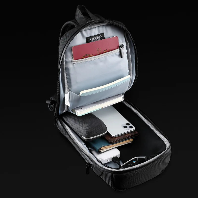 OZUKO-Bolso bandolera informal con carga USB para hombre, bandolera multifunción, bandolera antirrobo, bolso impermeable para hombre